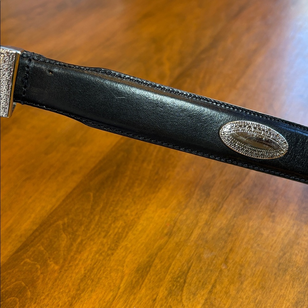 Black Leather Belt with Silver Buckle and Silver Conchos, 40 - Picture 3 of 8